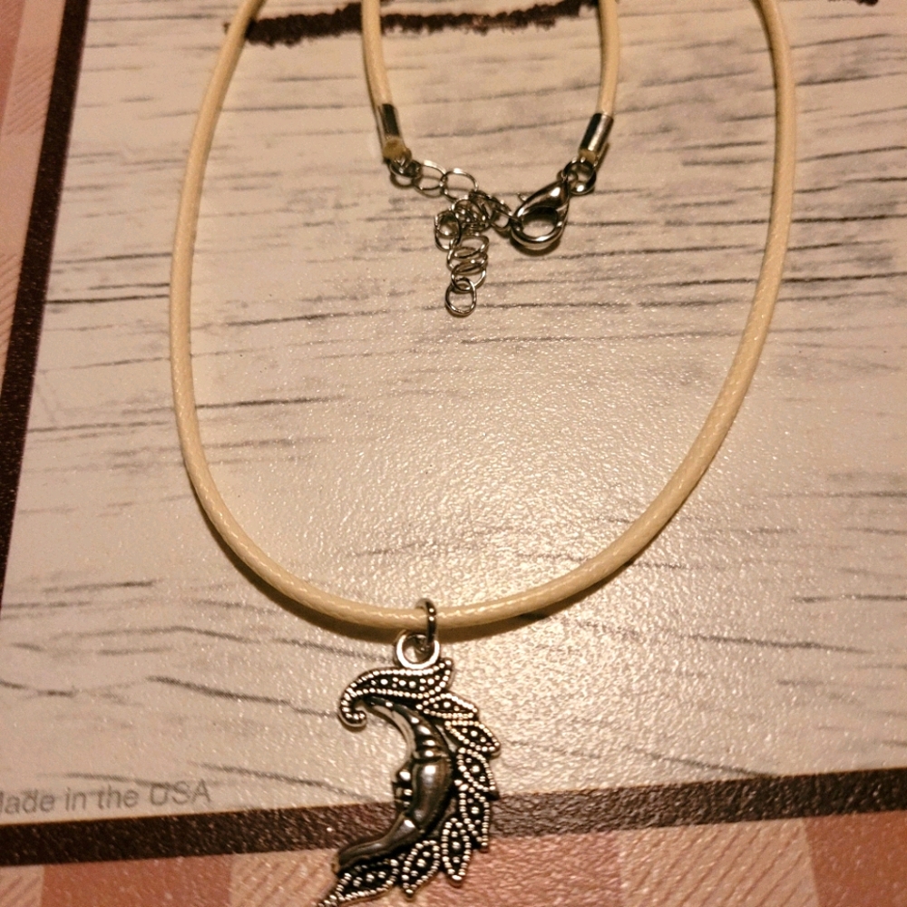 Silver half moon white cord necklace